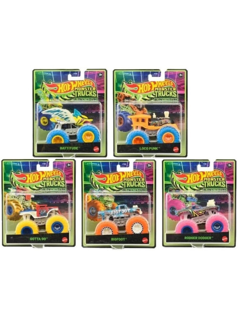 Hot Wheels Monster Trucks Glow in the Dark Collection, Bigfoot, Rodger Dodger